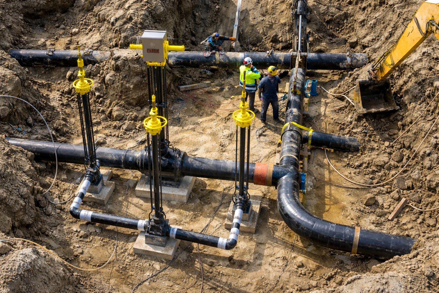 Construction site with large pipes.