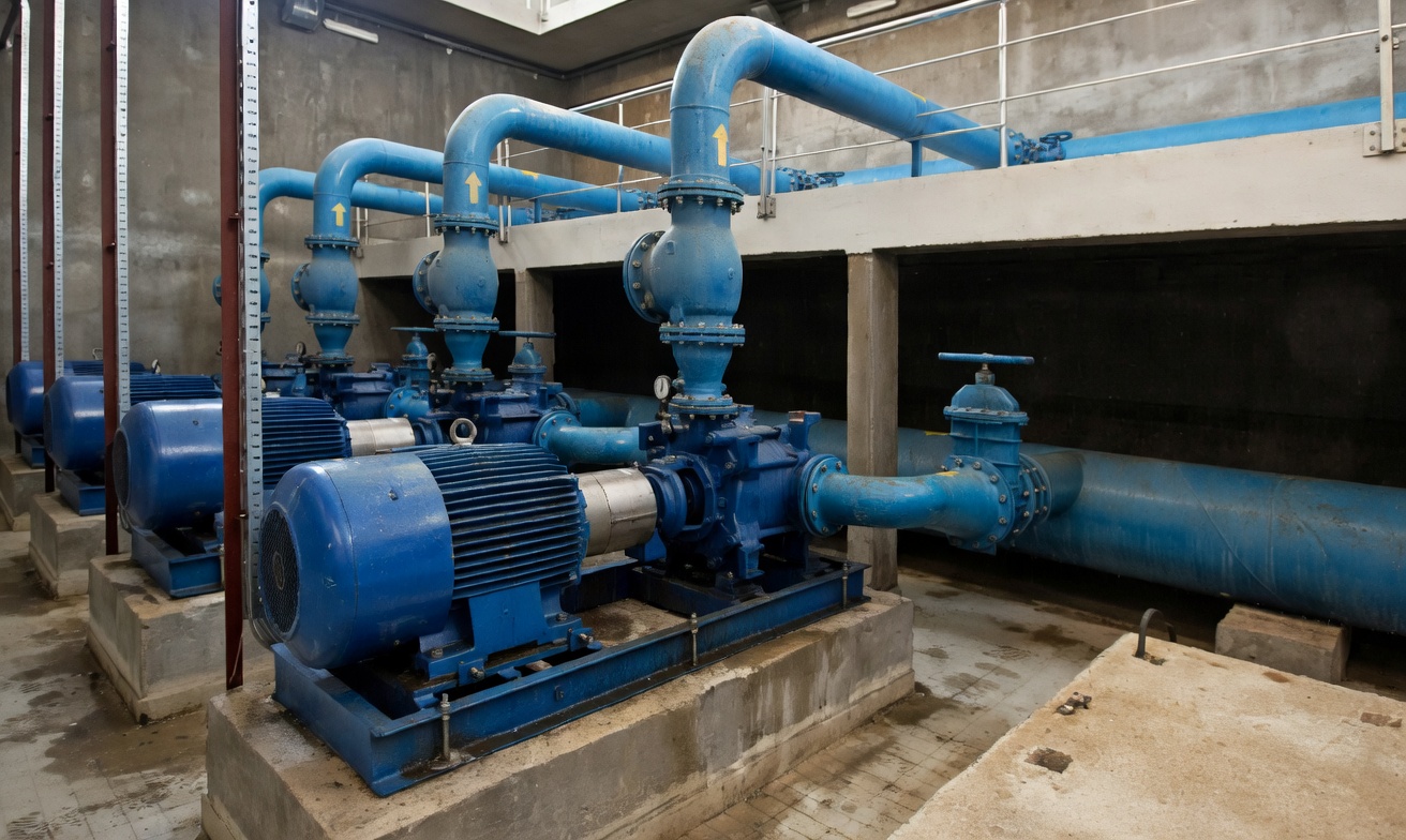 Industrial blue water pumps and pipes